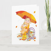 雨のグリーティングカードに女の子とテディベア カード