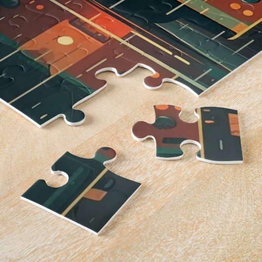 雨のストップ多い市の通りでバスと孤独な乗客 ジグソーパズル (側面)