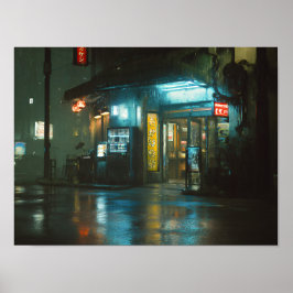 雨のネオン輝く日本のコンビニ ポスター