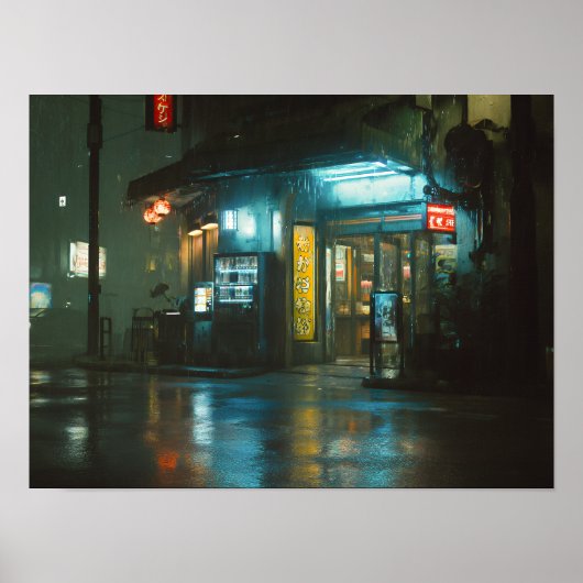 雨のネオン輝く日本のコンビニ ポスター (正面)