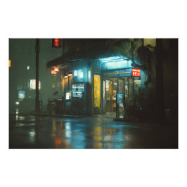 雨のネオン輝く日本の小さな雑貨店 フォトプリント