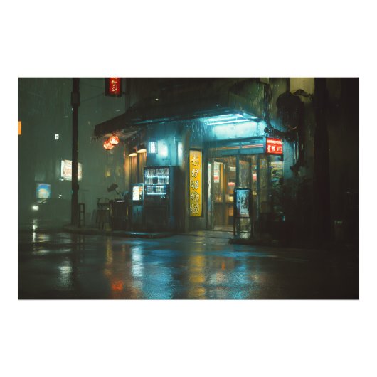 雨のネオン輝く日本の小さな雑貨店 フォトプリント (正面)
