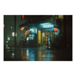 雨のネオン輝く日本の小さな雑貨店 ポスター