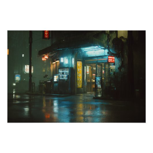 雨のネオン輝く日本の小さな雑貨店 ポスター (正面)