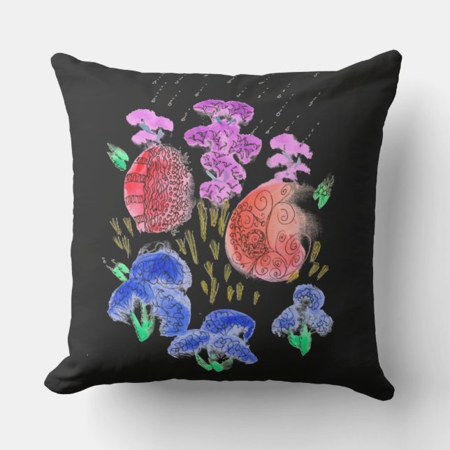 雨のフローラブーケを黒い背景に アウトドアクッション (正面)