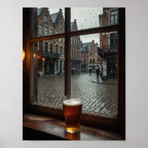 雨のベルギー居酒屋の窓辺のムードポスター