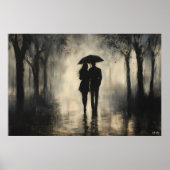 雨のロマンチックなカップル – ミニマルな木炭アート ポスター (正面)