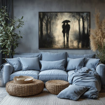 雨のロマンチックなカップル – ミニマルな木炭アート