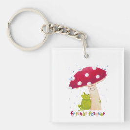 雨の中でカエルとキノコを座らせたかわいい漫画 キーホルダー