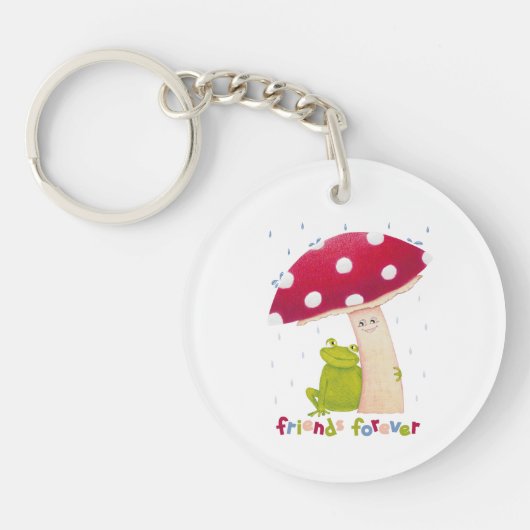 雨の中でカエルとキノコを座らせたかわいい漫画 キーホルダー (正面)