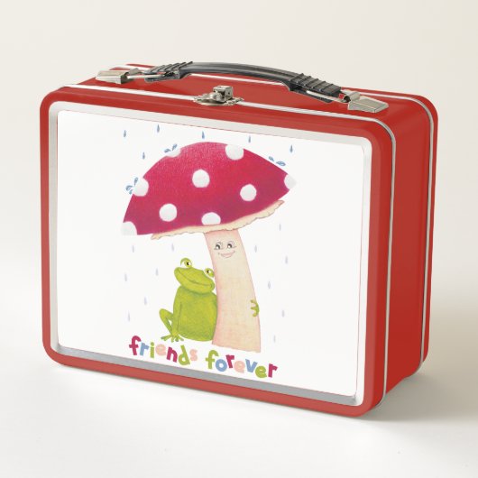 雨の中でカエルとキノコを座らせたかわいい漫画 メタルランチボックス (正面)