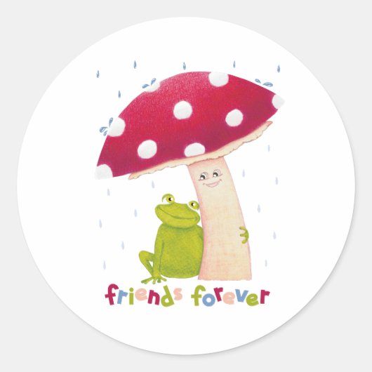 雨の中でカエルとキノコを座らせたかわいい漫画 ラウンドシール (正面)