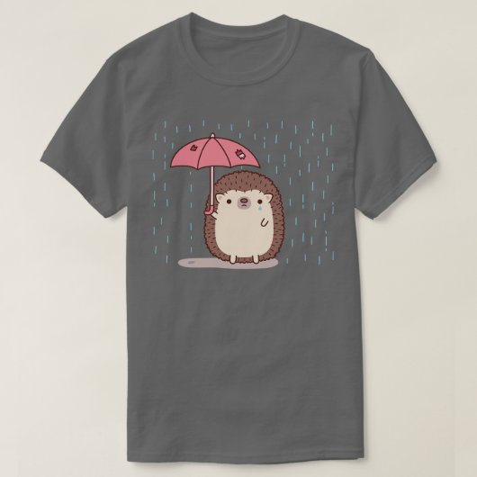雨の中で傘を持っている悲しいハリネズミ Tシャツ (デザイン正面)