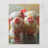 雨の中で愛らしい子豚 ポストカード (正面)