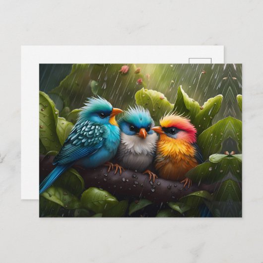 雨の中で愛カラフルらしい羽ばたき鳥 ポストカード (正面/裏面)