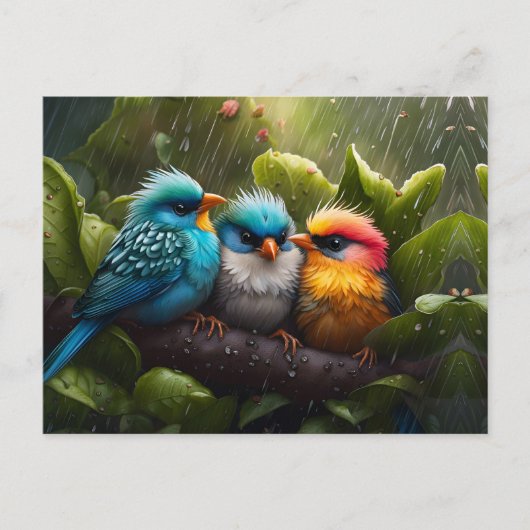 雨の中で愛カラフルらしい羽ばたき鳥 ポストカード (正面)