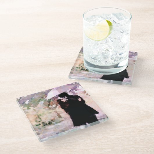 雨の中で愛キスをするするカップル抽象芸術アート ガラスコースター (アングル)