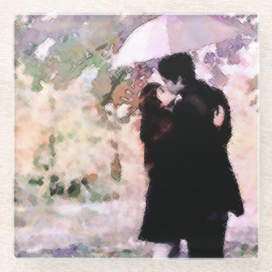 雨の中で愛キスをするするカップル抽象芸術アート ガラスコースター (正面)
