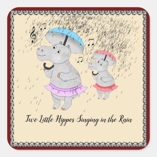 雨の中で歌う2つの小さなカバのステッカー スクエアシール (正面)