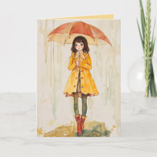 雨の中に傘を持つ編集可能な女の子 カード