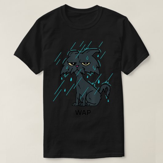 雨の中に座って濡れたWAP猫かわいいおもしろい猫 Tシャツ (デザイン正面)