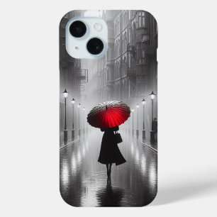 雨の中に赤い傘を持っている人 iPhone 15ケース