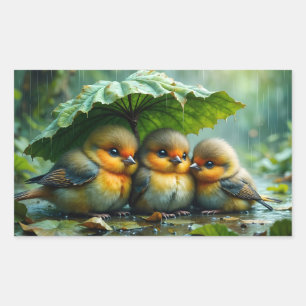 雨の中のかわいいふわふわの鳥 長方形シール
