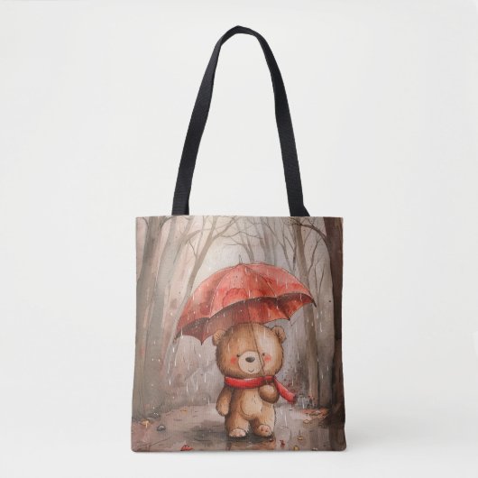 雨の中のかわいいテディベア トートバッグ (正面)