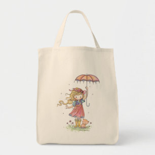 雨の中のかわいい女の子と子猫のバッグ トートバッグ