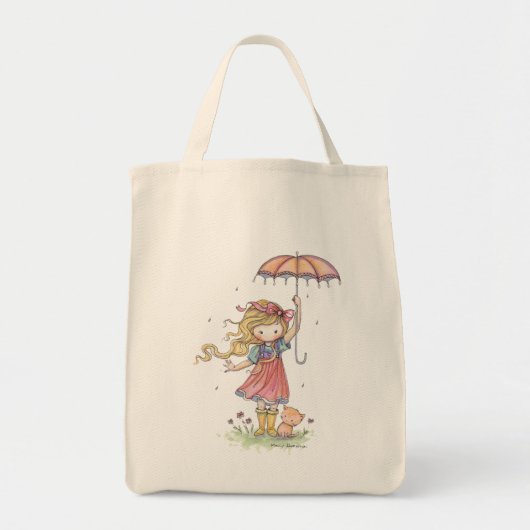 雨の中のかわいい女の子と子猫のバッグ トートバッグ (正面)