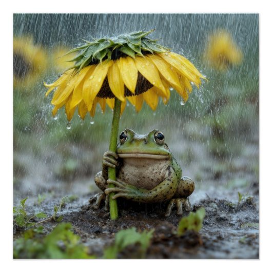 雨の中のひまわり傘の下のカエル ポスター (正面)