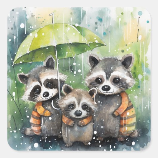 雨の中のアライグマのかわいい家族 スクエアシール (正面)