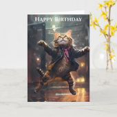 雨の中のバースデーにおどる猫 カード (黄色い花)