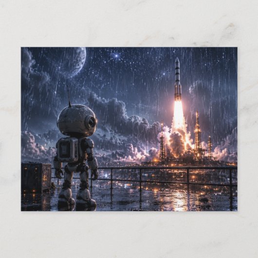 雨の中のロボット宇宙ミッション ポストカード (正面)
