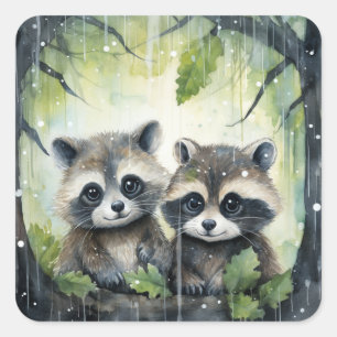 雨の中の二匹のアライグマの赤ちゃん スクエアシール