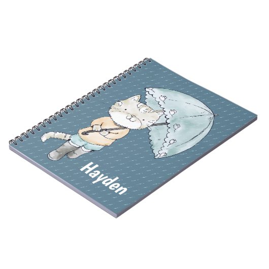 雨の中の傘を差したかわいい子パーソナライズされた猫 ノートブック (左側)