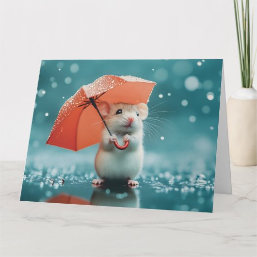 雨の中の傘を持つマウス:かわいい雨の日のシーン カード (正面)