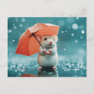 雨の中の傘を持つマウス：かわいい雨の日のシーン シーズンポストカード