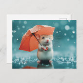 雨の中の傘を持つマウス：かわいい雨の日のシーン シーズンポストカード (正面/裏面)