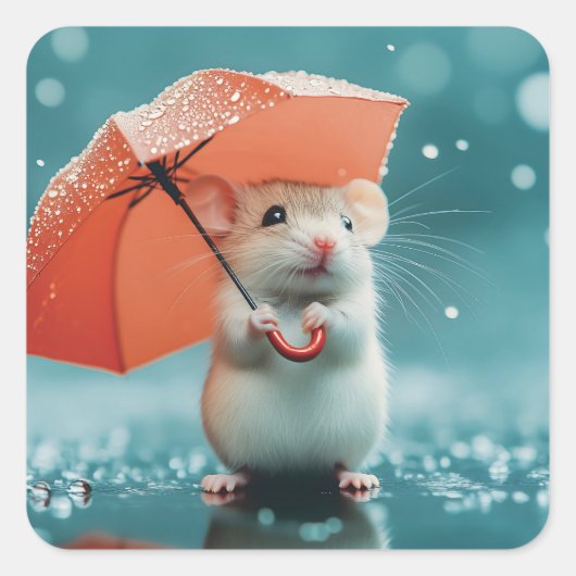 雨の中の傘を持つマウス:かわいい雨の日のシーン スクエアシール (正面)