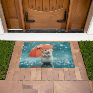 雨の中の傘を持つマウス:かわいい雨の日のシーン ドアマット