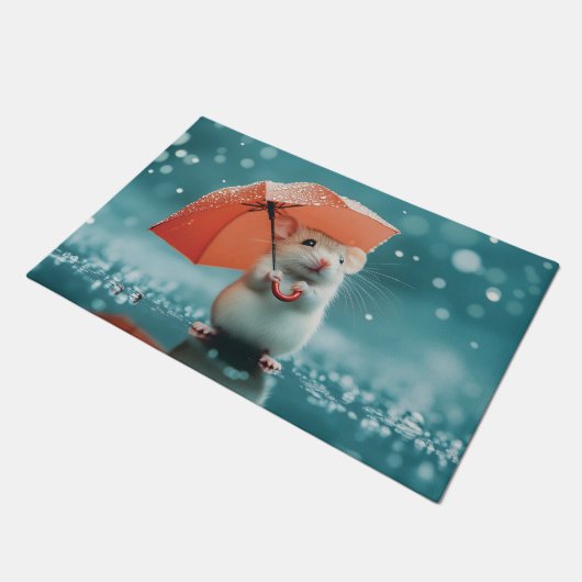 雨の中の傘を持つマウス:かわいい雨の日のシーン ドアマット (アングル)
