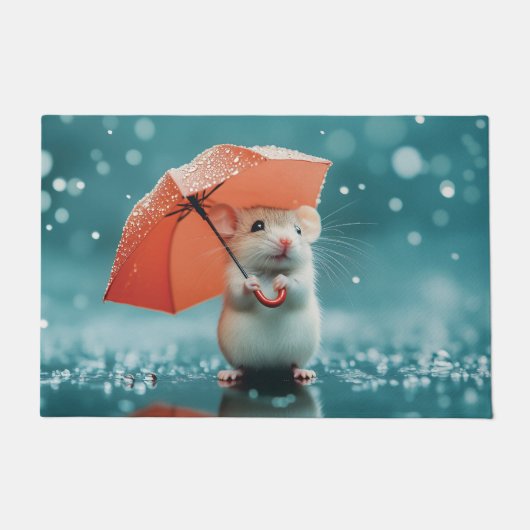雨の中の傘を持つマウス:かわいい雨の日のシーン ドアマット (正面)
