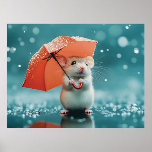 雨の中の傘を持つマウス：かわいい雨の日のシーン ポスター
