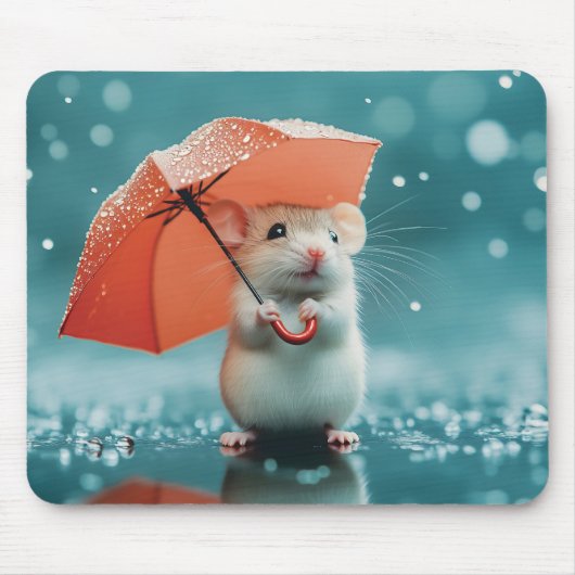 雨の中の傘を持つマウス：かわいい雨の日のシーン マウスパッド (正面)