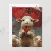 雨の中の傘を持つ子羊ハート ポストカード (正面/裏面)