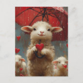 雨の中の傘を持つ子羊ハート ポストカード (正面)