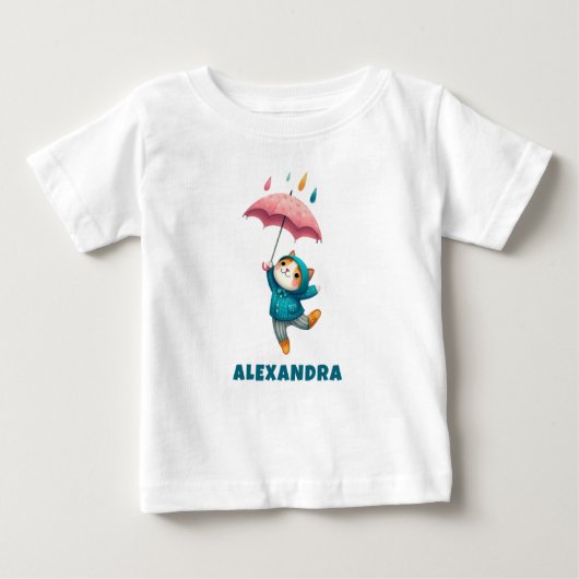 雨の中の傘踊りのかわいい子猫 ベビーTシャツ (正面)