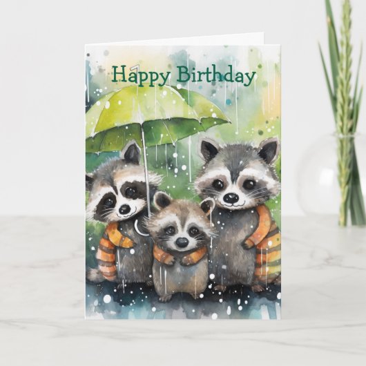 雨の中の可愛いアライグマの誕生日カード カード (正面)