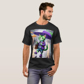 雨の中の基本的魅力的な暗いTシャツ猫 Tシャツ (正面フル)